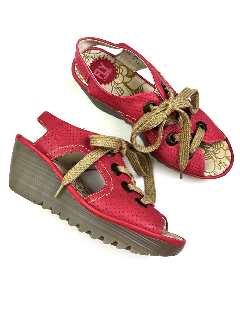 Fly London Ylfa Perforated Red Leather Lace Up Wedges size 8